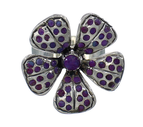 Silver Southwest Magenta Turquoise Flower Ring Size 8-1/4 QX74422